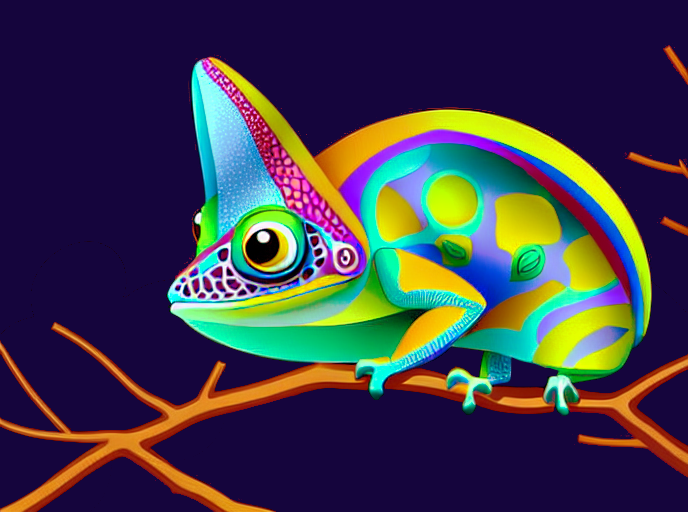 Article Image of Colourful flat style marketing illustration of a chameleon sitting on a tree branch