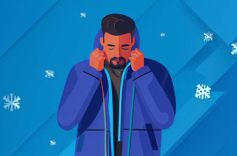 Article Image of Colourful-flat-style-marketing-illustration-of-a-tired-man-hiding-in-his-winter-parka